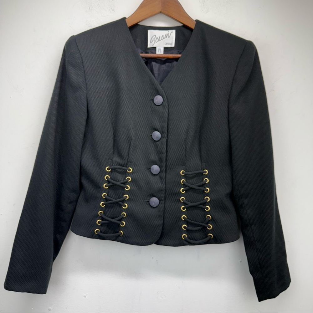 Vintage 90s Y2K Scaasi size 4 Black Corset Lace Button Up V-neck Jacket
